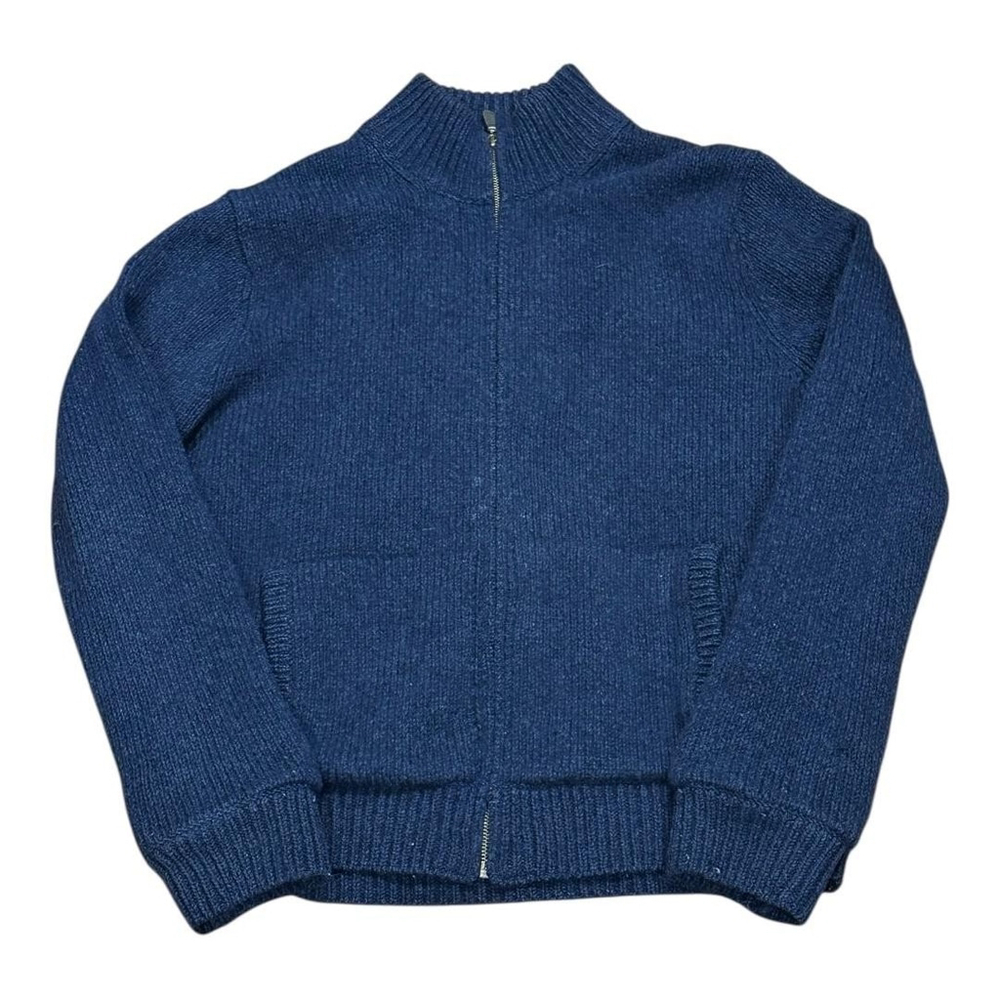 LL Bean Sweater Mens Medium Blue Lambswool Full Zip Plaid Lined Jacket Warm